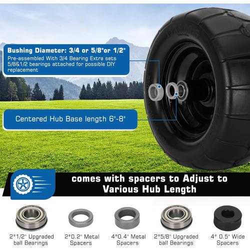 BLACK 11x6.00-5 Flat Free Tire,2 Pack 11x6.00-5 Tires for Zero Turn Mower With 3/4 & 5/8 or 1/2” Bearing,6-8 Centered Hub,11x6-5 Lawn Mower Tires Flat Free,Load 400lbs