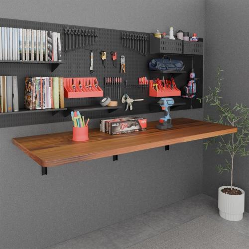 IAE Floating Wall Mounted Folding Table Desk with Pine Wood,55 x 22 Foldable Workbench,Fold Down Wall Mounted Foldable Desk with Shelf Brackets,Laundry Folding Table for Home,Dining,Kitchen,Teak