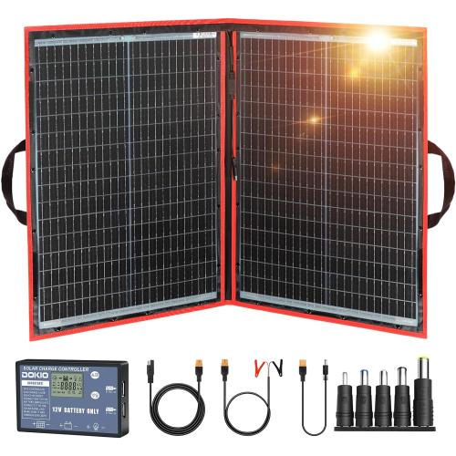 DOKIO 100W Portable Foldable Solar Panel Kit (21x28in, 5.9lb), with Separate Controller and Dual USB, Monocrystalline Charger for 12V Batteries & Power Stations, RV Camping Trailer Emergency Backup
