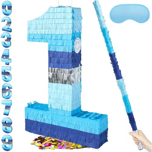 PCFING 20 Inch Number 1 Piñata Blue Silver with 30 Inch Piñata Stick Blindfold Confetti for Boys Girls Adults Birthday Party Decorations, Anniversary Celebration, Fiesta