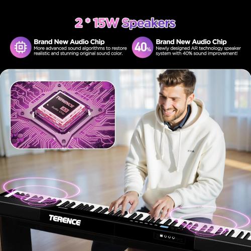 TERENCE Keyboard Piano 88 Keys V50 Digital Piano Weighted Dynamic Keyboard 30W Speakers Touch-Sensitive Control Panel Inbuilt Video and Audio Recording Feature Headphone and External Speaker Support