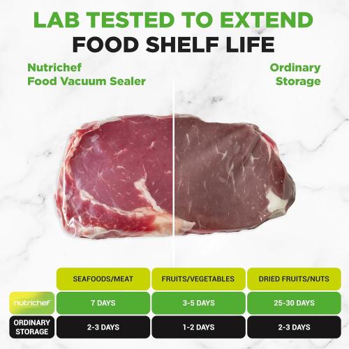 NutriChef Food Vacuum Sealer Machine - Automatic Air Sealing System for Dry & Moist Foods, LED Touch Controls, Includes Vacuum Bags, Hose & Wine Stopper, High Suction Power, 14x6x3, Silver