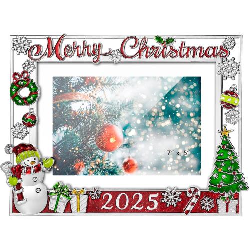 2025 Christmas Decorations Picture Frame 5x7 Snowflake Christmas Metal Photo Display Photo Frames with High Definition Glass Front Gift Ideas Tabletop Home Decorative (Snowman 2025)