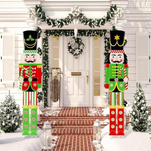 Gisafai 2 Pcs 6ft Large Metal Christmas Nutcracker Outdoor Decoration, Giant Nutcracker Yard Sign with Stakes, Christmas Yard Decor for Pathway Lawn Walkway Holiday Party