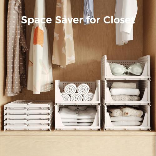 Pinkpum Stackable Plastic Storage Basket, Foldable Closet Organizers, Drawer Shelf Storage Container/Bins for Wardrobe Kitchen Bathroom Office Dorm, White, 4 Packs