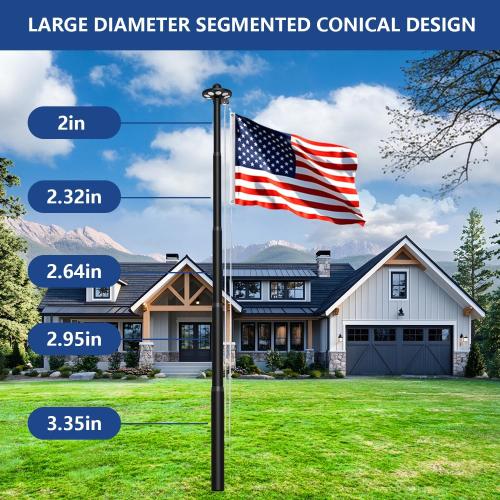 Upgraded 10 Gauge 20FT Heavy Duty Flag Pole Kit with 136 LED Solar Light, Extra Thick Flagpole for Outside House in Ground, Bottom 3 mm Thick & Width 3.35 in, 120MPH Wind Rated