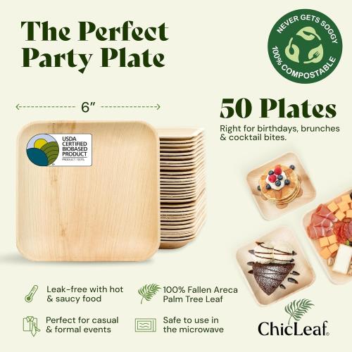 Chic Leaf Palm Leaf Compostable Plates - 6 Square, Pack of 50 - Disposable Dinnerware - Rustic Bamboo Appetizer Plates - Charcuterie Boards & Biodegradable Serviceware