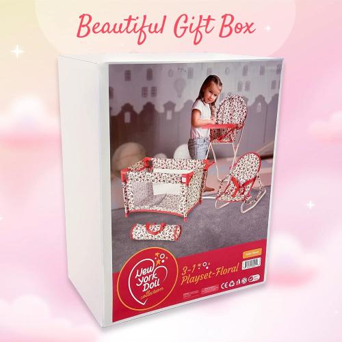Floral Baby Doll Accessories Set, 3-1 Baby Doll Crib, Baby Doll High Chair & Bouncer Seat. 18 inch Doll Accessories with Doll Bed. 18 Dolls Furniture Play Stuff. Toys for Girls Ages 3-5,4-6,5-7,8-10