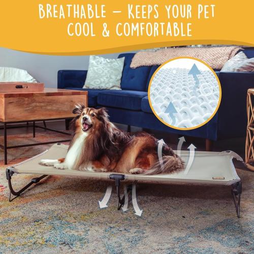 Daisy Cot, Large Foldable Elevated Dog Bed, Portable Raised Outdoor Folding Dog Cot, Cooling, Chew Proof, Waterproof, Heavy Duty Up to 160 Lbs for Camping/Home, Tan, 43x27x7”