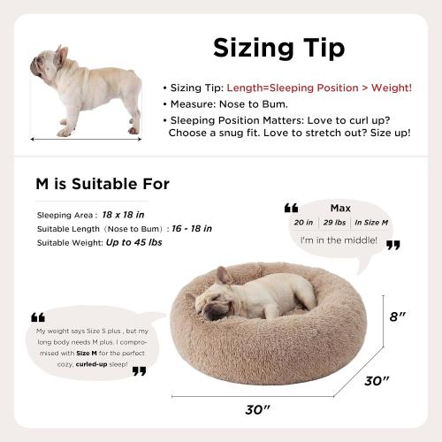 Bedsure Calming Dog Bed Medium Size Dog - Donut Washable Medium Pet Bed, 30 inches Anti-Slip Round Fluffy Plush Faux Fur Cat Bed, Fits up to 45 lbs Pets, Camel