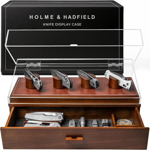 Holme & Hadfield Premium Knife Display Case for up to 10 Knives – Handcrafted Wooden Pocket Knife Organizer for Collections for EDC Collectors – Luxury Built to Last