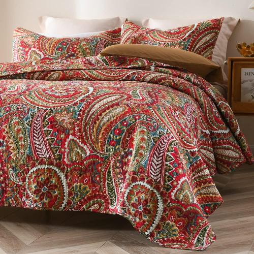 ENASAL Cotton Bedspread Quilt Sets, Reversible Bedding Coverlet Sets Comforter, Floral Paisley Bedspread (Red, King Size)