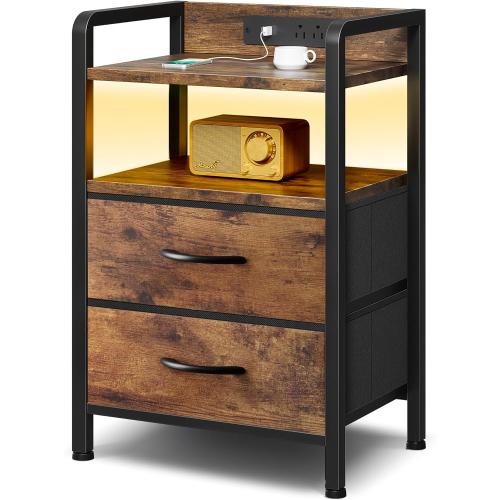 Night Stand Bedside Table Bedroom - Nightstand with Charging Station, Night Stand with LED Light Strip, End Table with U-S-B Ports & AC Outlets, Storage Shelf & 2 Fabric Drawers, Rustic Brown
