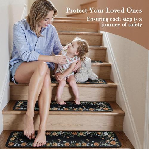 OJIA Floral Stair Treads Non-Slip Carpet Stair Treads for Wooden Steps Indoor 15PCS 30x8 Stair Runner Stair Mats Staircase Step Treads for Kids, Elders and Dogs, Stair Covers, Black