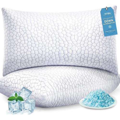 Yettbea Adjustable Shredded Memory Foam Pillows Queen Size Set of 2, Luxury Bamboo Cooling Pillow w/Washable Zippered Cover, Soft or Firm Support Bed Pillow for Side, Back, Stomach Sleeper
