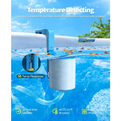 DeeprClean Above Ground Pool Skimmer with Backlit Solar Digital Thermometer | Wall Mount Surface Skimmer with Adjustable Height Bracket, Auto Skimming for Pool Surface Floating Leaves & Debris -Blue