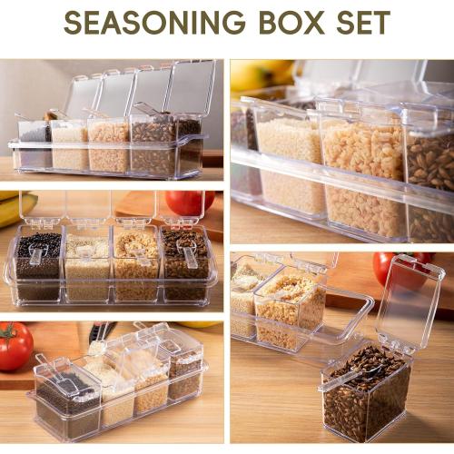Clear Seasoning Box, 4 Pieces Seasoning Rack Spice Pots, Storage Container Condiment Jars Acrylic Seasoning Box with Covers and Spoons for Spice, Sugar, Salt, Sugar, Cardamon, Cinnamon