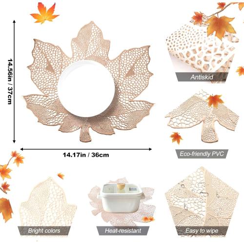 Fall Leaf Placemats Set of 8,Thanksgiving Placemats Harvest Maple Placemats 16X17inch for Party, Holiday and Wedding Table Decor（Champagne Gold）