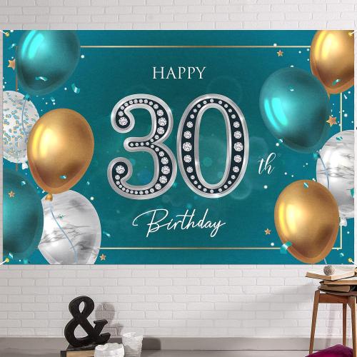 HAMIGAR 6x4ft Happy 30th Birthday Banner Backdrop - 30 Years Old Birthday Decorations Party Supplies for Women Men - Green Silver