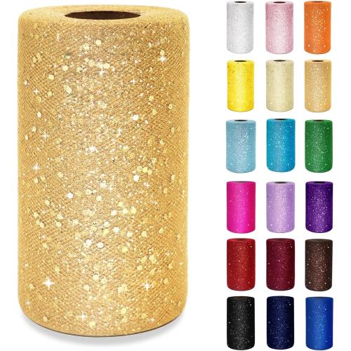 Glitter Tulle Rolls 6 Inch by 50 Yards Sequin Tulle Fabric Ribbon for Christmas Gift Wrapping DIY Tutu Skirt Sewing Bow Wedding Thanksgiving Decorations Craft Supplies (Antique Gold)