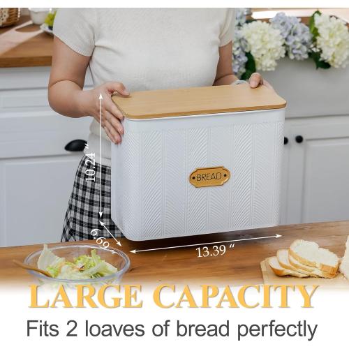 Extra Large Bread Box for Kitchen Countertop Corner Breadbox for Homemade Bread Metal White Diagonal Stripe Pattern Embossed Storage Container Bin with Bamboo Lid Fits 2 Loaves of Bread