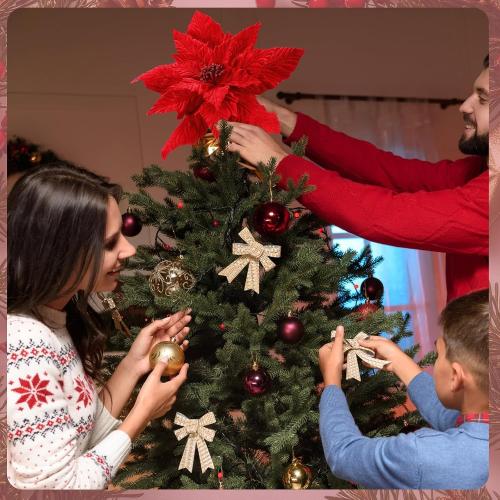 Velvet Poinsettia Christmas Tree Topper 16'' Jumbo Artificial Velveteen Poinsettia with Stem Faux Flower Xmas Tree Ornament for Christmas Holiday Wedding Holiday Party Decor(Classic Red)