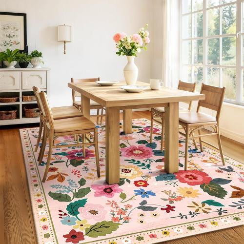 Floral Nursery 8x10 Area Rugs Washable Print Boho Cute Carpet Non Slip Flower Low Pile for Living Room Kids Girls Playroom Bedroom Kitchen Office Farmhouse-Pink
