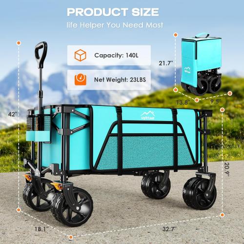 Light Blue Collapsible Wagon Cart Heavy Duty Foldable, Folding Beach Wagon with Big Wheels for Sand, Utility Grocery Cart with Side Pocket and Brakes for Sports Outdoor Activities, Light Blue