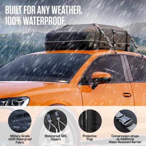 Color Black VENTURE 4TH Rooftop Cargo Carrier -  Waterproof Car Roof Cargo Bag with Tie-Down & Compression Straps, Fits Most Vehicles with or Without Roof Racks, Sidebars & Crossbars