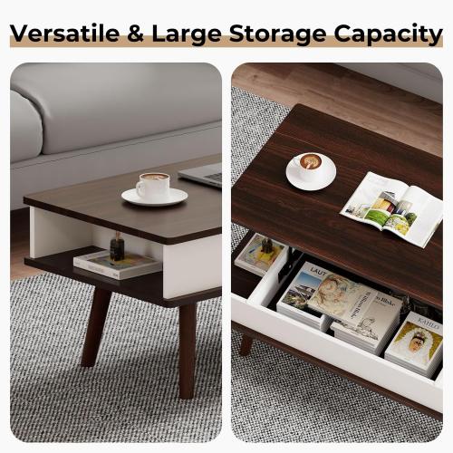 Lift Top Coffee Table, One Minute No Assembly Required Rising Tabletop Center Table with Large Hidden Storage Compartment, Open Shelf, Anti-Pinch Design Mute for Living Room (Black Walnut)