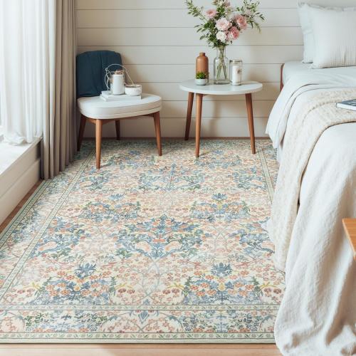 Lessymo Floral Living Room Rug 5x7 Area Rug, Vintage Forest Washable Rugs for Dining Room, Bedroom, Low Pile Non Slip Rubber Green Mat Indoor Boho Carpet for Large Entryway, Beige Brown