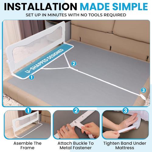 TotCraft FlexGuard Adjustable Length & Height Bed Rail for Toddlers – Fits Twin, Full, Queen & King Beds – 35.5″ or 59″ Two Fixed Lengths – 14 Height Levels –Bed Guard Rail for Toddlers (White)
