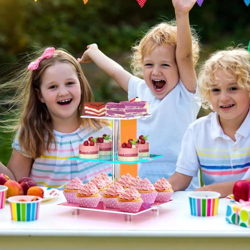 Size 3 tier LED Acrylic Cupcake Stand, 3 Tier Cupcake Stand with Rechargeable Light, Clear Cupcake Tower Stand 24 Cupcakes, 7 Color Cupcake Display Stands for Weddings, Birthdays,Party,Graduation