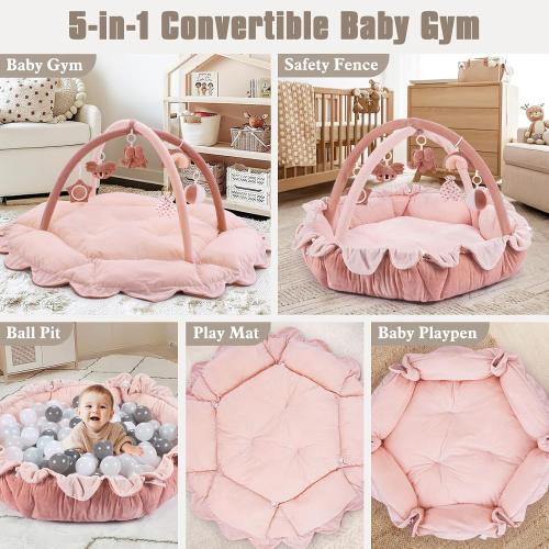 5-in-1 Plush Baby Play Gym, Activity Mat with Convertible Gym, Baby Gym 6 Sensory Toys, Play Center for Newborn to Toddler, Pink