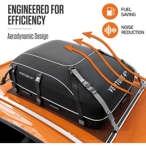 Color Black VENTURE 4TH Rooftop Cargo Carrier -  Waterproof Car Roof Cargo Bag with Tie-Down & Compression Straps, Fits Most Vehicles with or Without Roof Racks, Sidebars & Crossbars