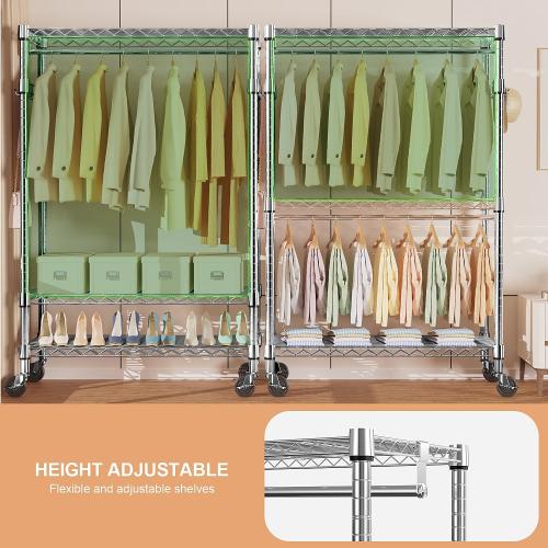 Size 17.7 D x 47.2 W x 83.6 H Heavy Duty Rolling Garment Rack 3 Tiers Adjustable Wire Shelving Clothes Rack with 2 Rods and Side Hooks, Storage Closet Clothing Rack with Wheels Chrome 17.7 D x 47.2 W x 83.6 H