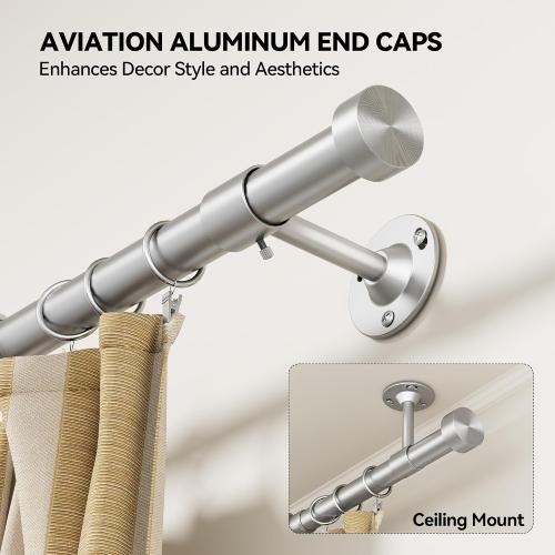 YaFex Heavy Duty Curtain Rods 32-60 Inch, 1 Inch Adjustable Curtain Rod for Windows, Silver Short Window Treatment Rods with Aluminium Finials, Easy Installation