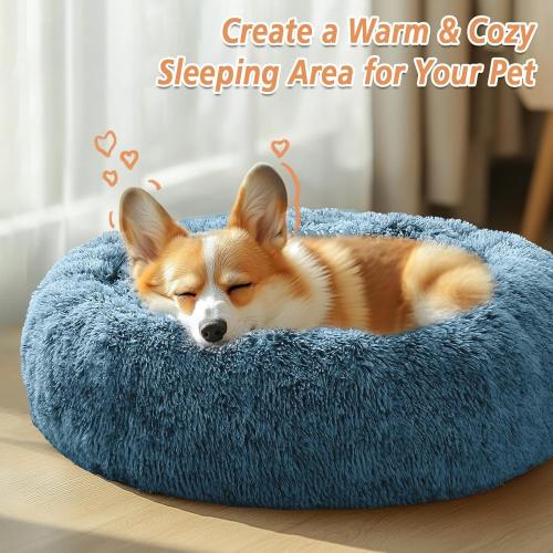 JOLLYVOGUE Calming Small Dog & Cat Bed for Indoor Cats - 20 inches Washable Donut Bed for Kittens & Puppies, Anti-Anxiety Round Fluffy Plush Pet Beds (Fits up to 15 lbs, Blue)