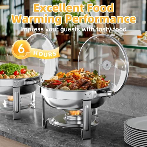 Chafing Dishes for Buffet Set: 100% Pre-Installed Chafers for Catering - Round Chafing Dish Buffet Set with Lids | Chafers and Buffet Warmers Sets | Serving Food Warmer | Chafers Servers Sets