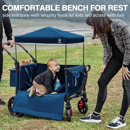 Side-Unzip Wagon Stroller for 2 Kids, Push Pull Stroller with Adjustable Handle, Easy Access Zipper Door, 5-Point Harness Removable UV-Protection Canopy Shock-Absorbing Wheels, Blue