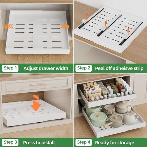 PAKETA 4 Pack Expandable Pull Out Cabinet Organizer, 21'' Deep Pull Out Drawers for Cabinet, Upgrade 3 Slide Rails Sliding Drawer for Cabinets with Adhesive Nano Film (White, 21D X 12-20W)