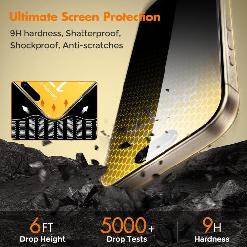UNBREAKcable Privacy Screen Protector for iPhone 15 Pro, Anti-Spy Shatterproof Tempered Glass [True 28°Anti Spy] [9H Hardness] [Easy Installation Frame] Black Protector for Apple iPhone 6.1 - 2 Pack