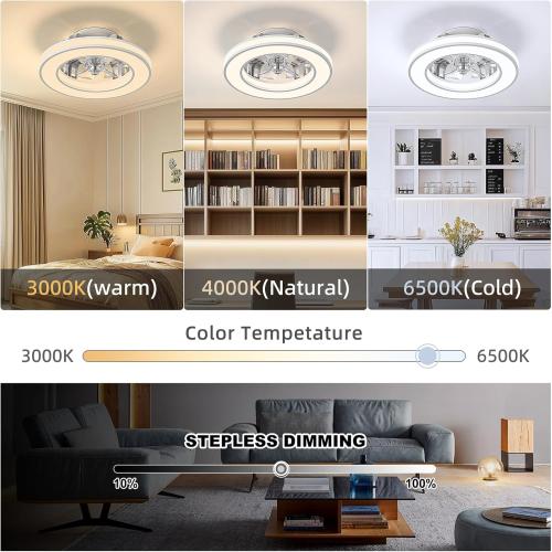 16'' Ceiling Fans with Lights, Modern Low Profile Ceiling Fan Light with Remote, 3000-6500K Dimmable LED Fan Light, 6 Speeds Small Flush Mount Ceiling Fan for Bedroom, Kids Room(White)