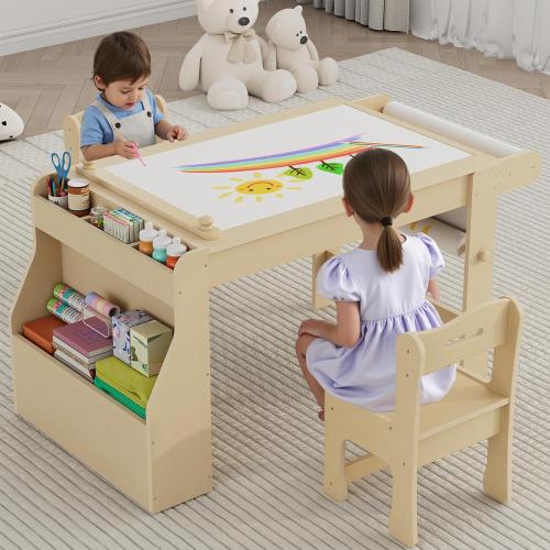 Kids Art Table with 2 Chairs, Kids Craft Table with Storage, Wooden Activity Desk for Toddler Crafts, Drawing Learning Desk with Storage, Paper Roll, Chairs, Gifts for Boys and Girls