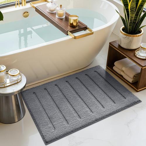 LUMI Microfiber Bath Mat, Soft Absorbent with Non Slip, Grey, 24x36 | High Absorbent Fluffy Microfiber, Machine Washable, Modern Striped Design for Bathroom, Sink Floor, Shower Tub