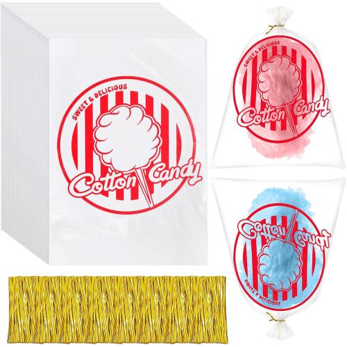 woric  Cotton Candy Bags with Ties 11.8 x 17.7 Inch Clear Cotton Candy Bags with Print for Carnivals Party and Kitchen