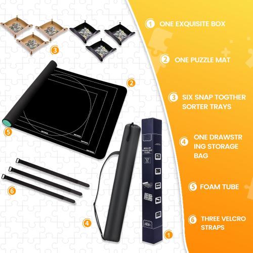 Pohxev Jigsaw Puzzle Mat Roll Up, Portable Saver Pad 48” x 31” Up to 2000 Pieces, Puzzles Matt Rollup with Non-Slip Rubber Bottom & Smooth Top. (6 Puzzle Sorting Trays & 1 Storage Bag)