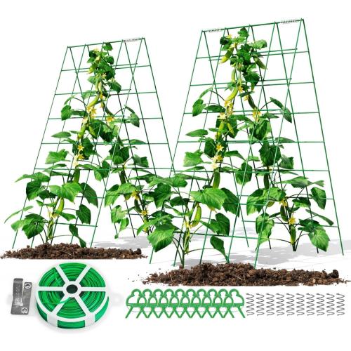 2 Pack Cucumber Trellis for Raised Bed 48 x 34, Foldable Garden Trellis for Climbing Plants Outdoor, A Frame Metal Trellis with Support Clips, Spiral Connectors and Twist Tie for Garden.