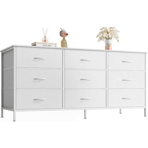 Color grey Huuger 9 Drawer Dresser, 47 Inch TV Stand for 50, 55 Inch TV, Entertainment Center with Drawers, Fabric Dresser Chest of Drawer for Bedroom, Closet, PU Leather Surface, White