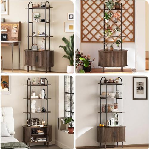 Espelism 71 Tall Mid-Century Display Shelf Bookshelf with Sliding Tambour Doors, 4-Tier Freestanding Vinyl Record Player Stand Fluted Storage Cabinet for Living Room, Bedroom, Home Office